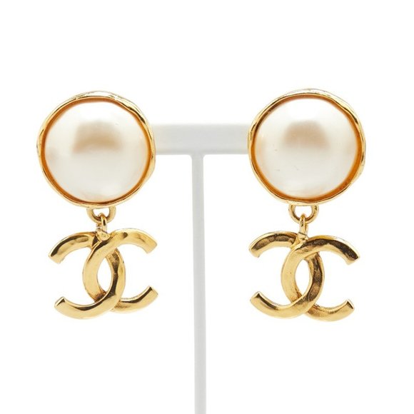 CHANEL Vintage Gold Pearl Logo Earrings - Picture 1 of 5